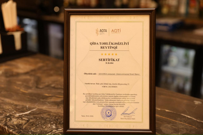 “Intercontinental Hotel Baku” nəzdində fəaliyyət göstərən “Xəmsə” restoranına “5 ulduz” sertifikatı təqdim olundu