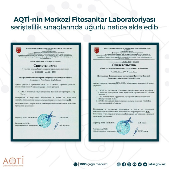 AQTİ-nin Mərkəzi Fitosanitar Laboratoriyası səriştəlilik sınaqlarında uğurlu nəticə əldə edib