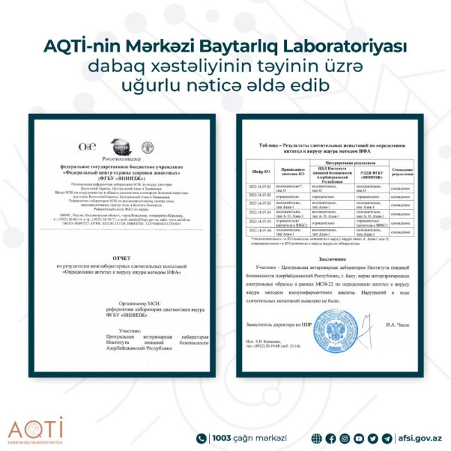 AQTİ-nin Mərkəzi Baytarlıq Laboratoriyası dabaq xəstəliyinin təyini üzrə uğurlu nəticə əldə edib