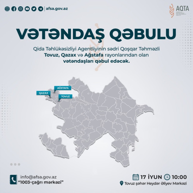 Qida Təhlükəsizliyi Agentliyinin sədri Qoşqar Təhməzli Tovuzda vətəndaşlarla görüşəcək