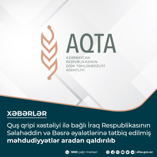 Quş qripi xəstəliyi ilə bağlı İraq Respublikasının Səlahəddin və Bəsrə əyalətlərinə tətbiq edilmiş məhdudiyyətlər aradan qaldırılıb