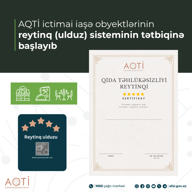 AQTİ ictimai iaşə obyektlərinin reytinq (ulduz) sisteminin tətbiqinə başlayıb